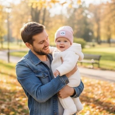Papa et bébé portant bonnet bebe rose poudré au parc