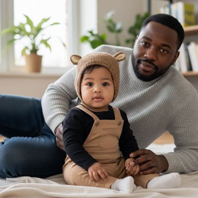 Papa et bébé portant bonnet bebe tricoté kaki automne