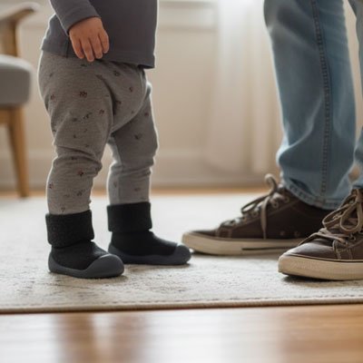 Papa et bébé  portant chaussure bebe bleu nuit debout