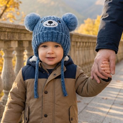 papa et enfant portant son bonnet bebe bleu en balade
