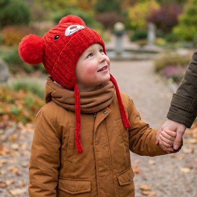 papa et enfant portant son Bonnet bebe rouge en balade 