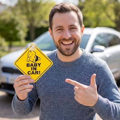 Papa heureux présente autocollant bébé à bord​