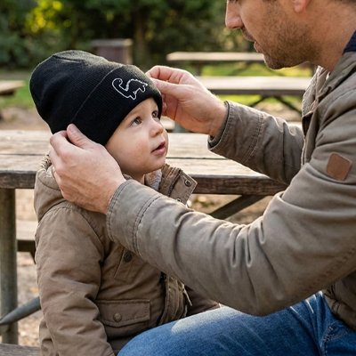 papa met à bébé son bonnet bébé noir en extérieur