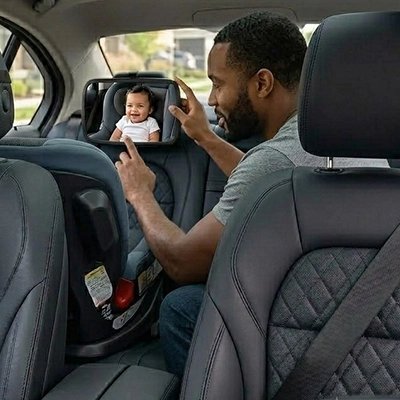 Papa présente bébé à travers miroir voiture bébé