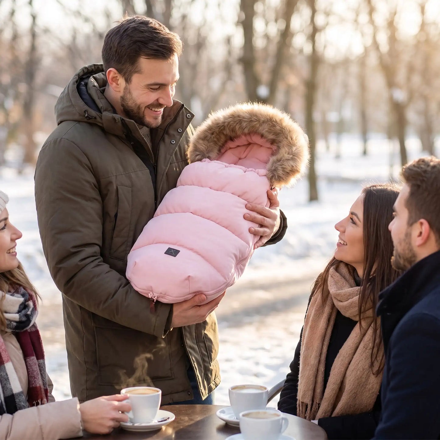 Papa présente chancelière poussette à ses amis