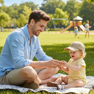 Papa rit avec bébé portant casquette  bebe beige