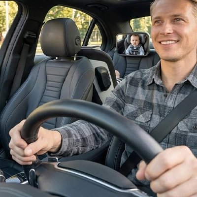 Papa souriant au volant regarde dans miroir voiture bébé