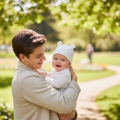 Papa souriant et bébé portant bonnet bebe  lapin dehors