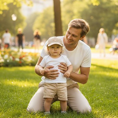 Papa sourit avec bébé débout  portant casquette  bebe beige