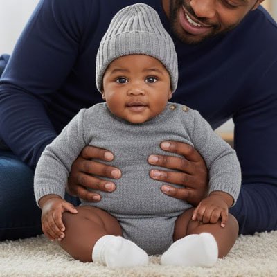 Papa tient  bébé heureux portant bonnet bebe gris en chambre