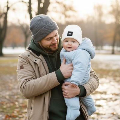 Papa tient bébé portant bonnet bebe blanc mignon en balade