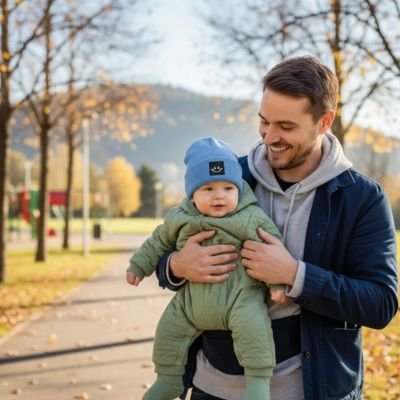 Papa tient bébé portant bonnet bebe bleu ciel au parc