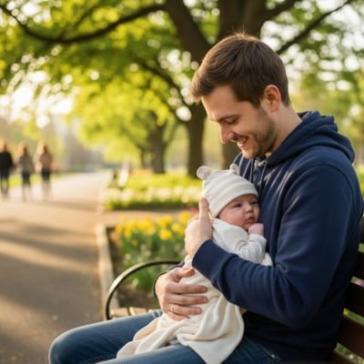  Papa tient bébé portant bonnet bebe  lapin au parc