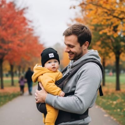 Papa tient bébé portant bonnet bebe noir mignon au parc