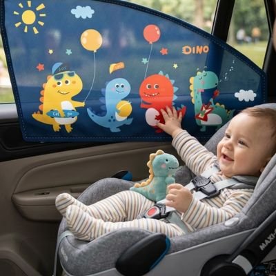 Pare soleil voiture bébé dinosaure collé sur vitre de voiture