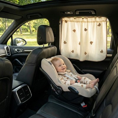 Pare soleil voiture bébé ours installé sur vitre de voiture
