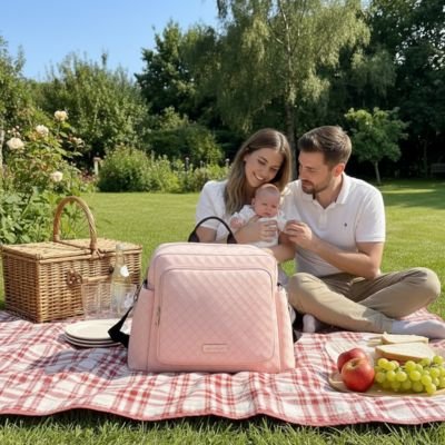 Pique-nique familiale au parc avec sac à langer bebe