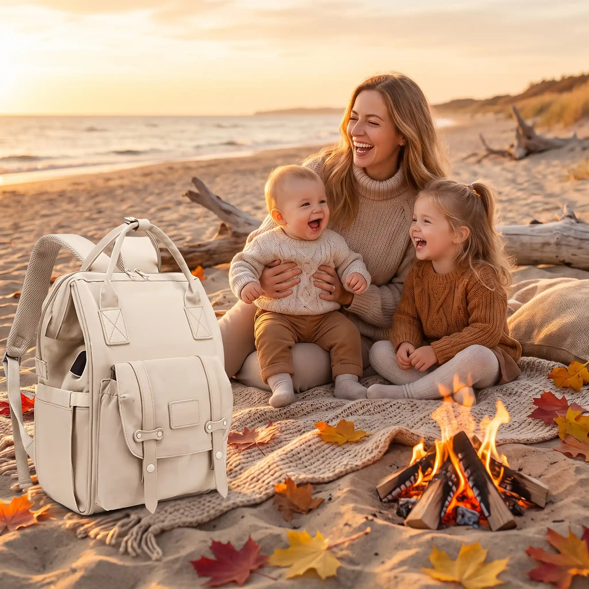 Pique-nique maman enfants sac a langer blanc tout près