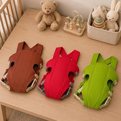 Porte bebe marron rouge et vert sur table chambre