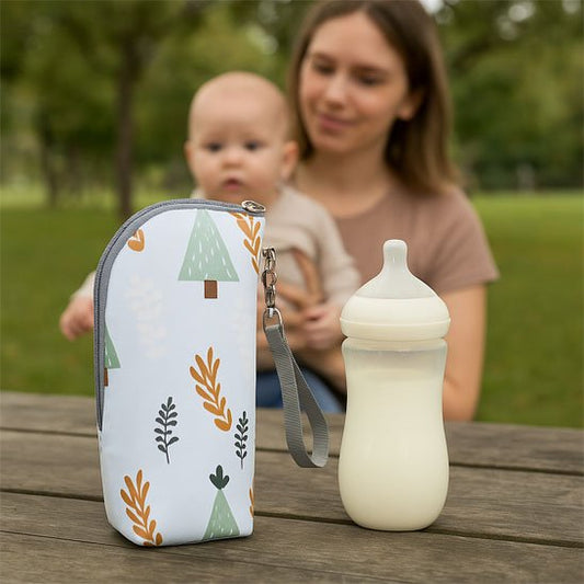 Porte biberon gris champêtre posé sur table au parc   