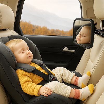 Reflet de bébé en sécurité dans miroir voiture bébé