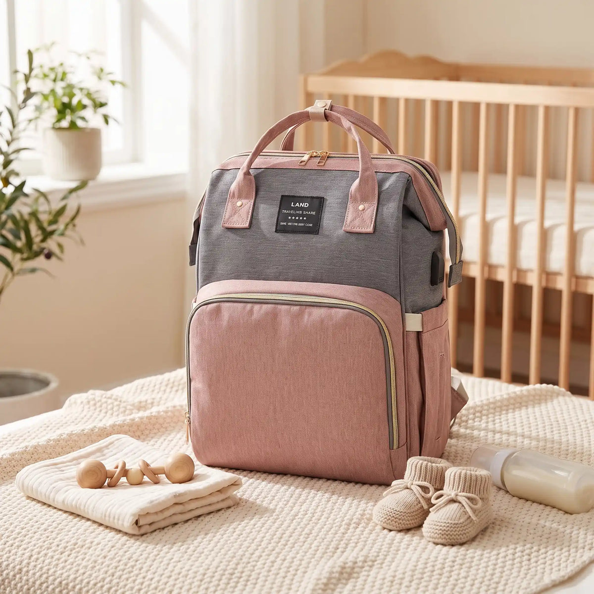 Sac a langer pliable rose gris sur lit