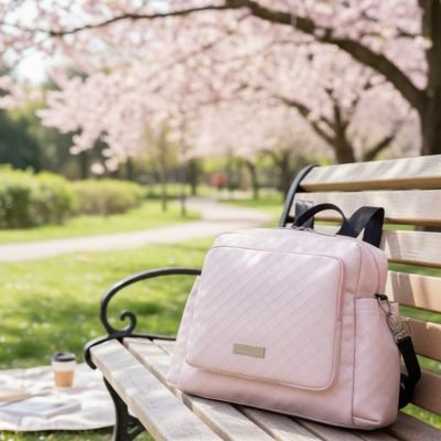 Sac à  langer bebe rose posé sur banc au parc