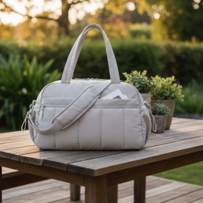 Sac à langer beige posé sur table dans jardin