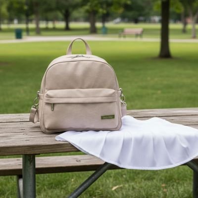  sac à langer beige usb sur banc sur nape au parc
