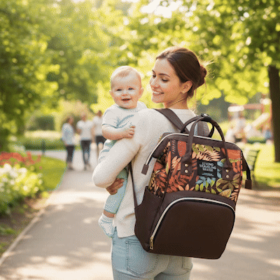 sac à langer bicolore marron sur banc au dos avec maman bébé