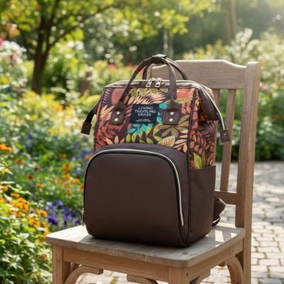 sac à langer bicolore marron sur banc au parc