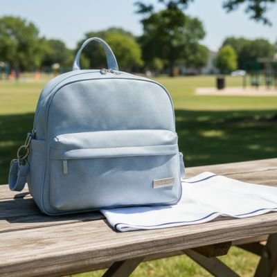  sac à langer bleu usb sur banc sur torchon au parc