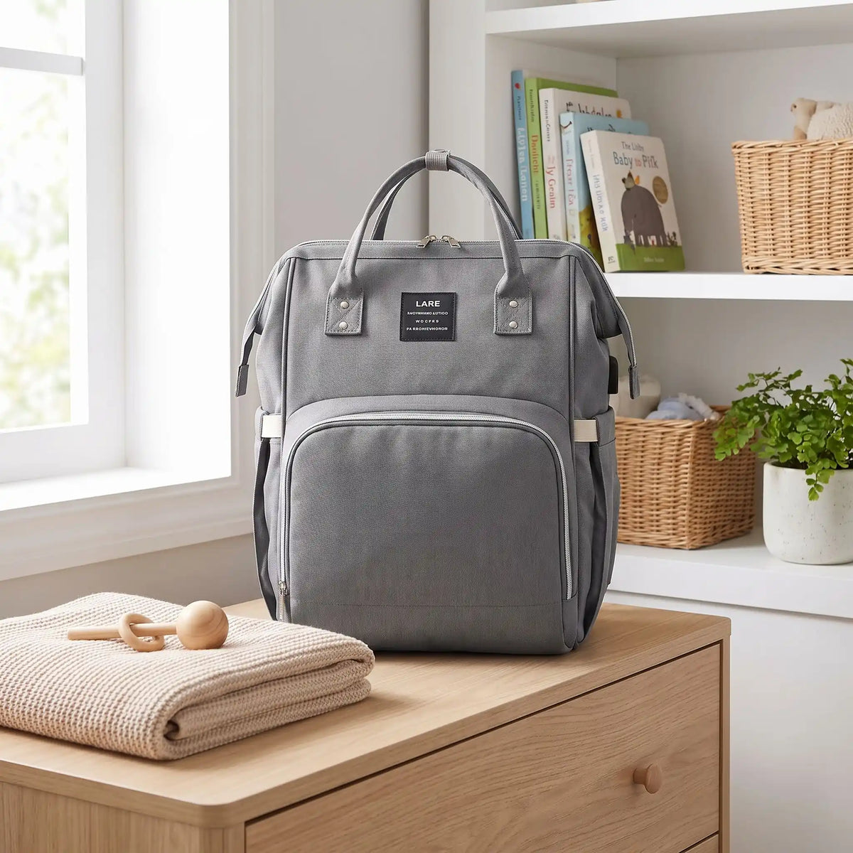 Sac a langer mommy pliable gris sur table chambre