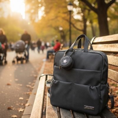 sac à langer noir élégant sur banc dans parc