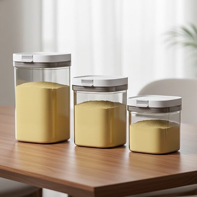 Trois boites doseuse lait compartiment sur table