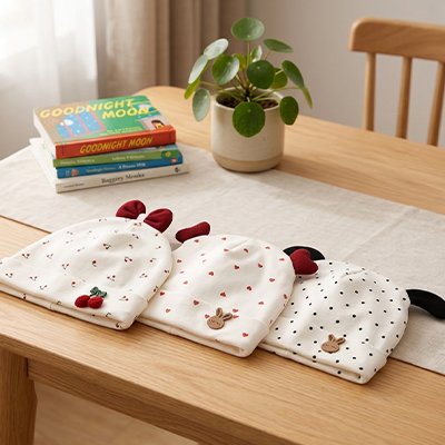 Trois bonnets bebe points noir coeur et cerises sur table