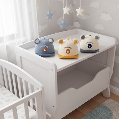 trois casquette bebe bleu jaune blanc sur commode