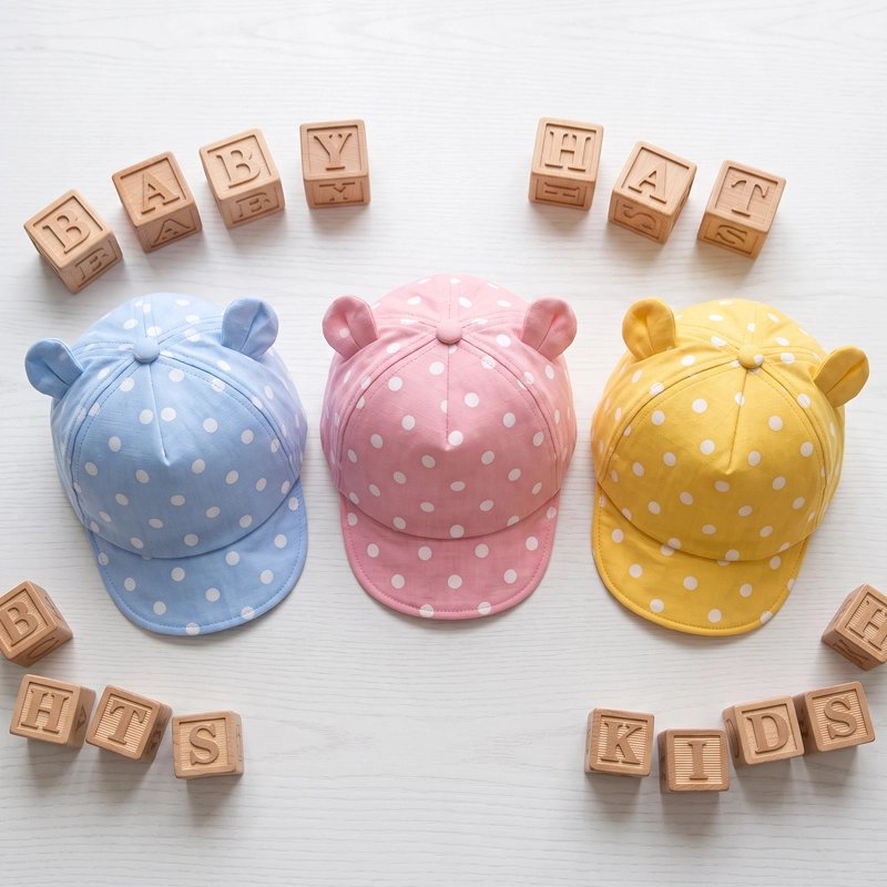 Trois casquette bebe bleu rose jaune motifs points au sol