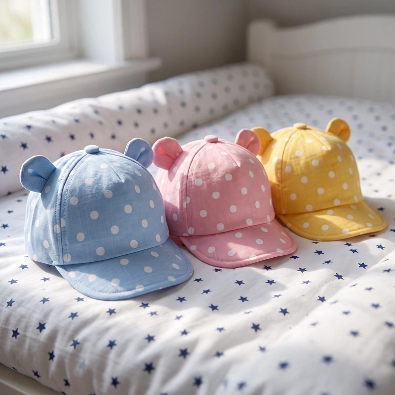 Trois casquette pour bebe bleu rose jaune motifs points