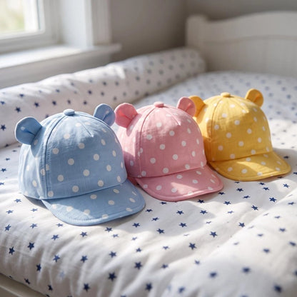 Trois casquette pour bebe bleu rose jaune motifs points