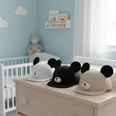 Trois casquettes bébé blanc noir beige  ours posées sur commode