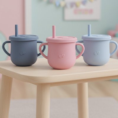 trois gobelet bébé bleu rose bleu clair sur table