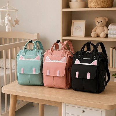 Trois sacs a langer a dos vert rose noir chat