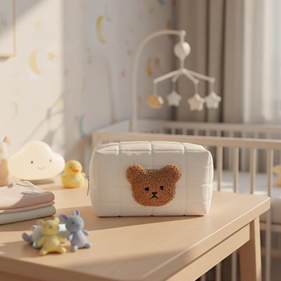 Trousse de toilette bebe  beige ourson sur table