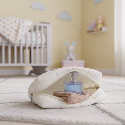 Trousse de toilette bebe  beige ouvert sur tapis